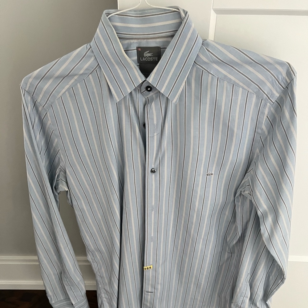 Lacoste Men's Light Blue and White Striped Dress Shirt